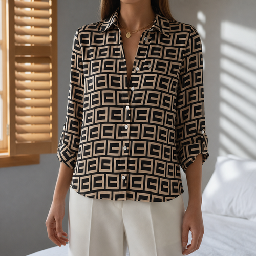 Alicante Geometric Print Blouse in Khaki