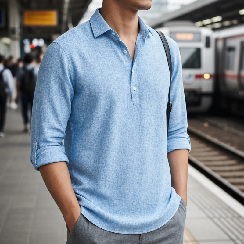 Gaeta Linen Henley Polo Shirt in Light Blue