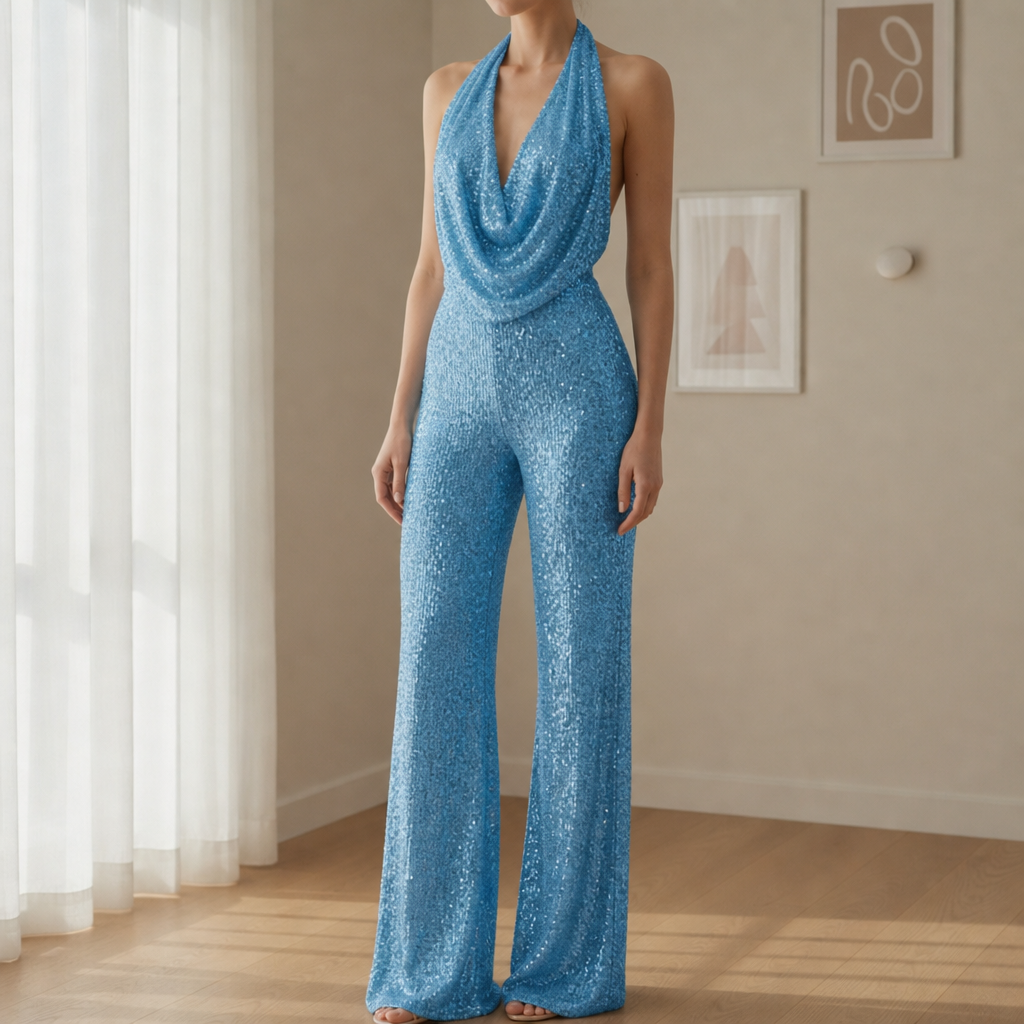 Lacoste Sequin Halter Jumpsuit in Light Blue