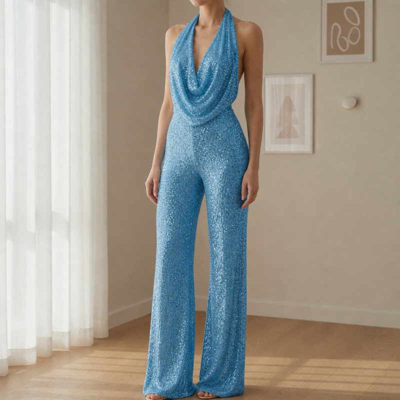 Lacoste Sequin Halter Jumpsuit in Light Blue