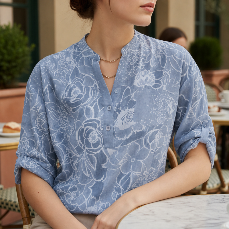 Cassis Floral V-Neck Blouse in Light Blue