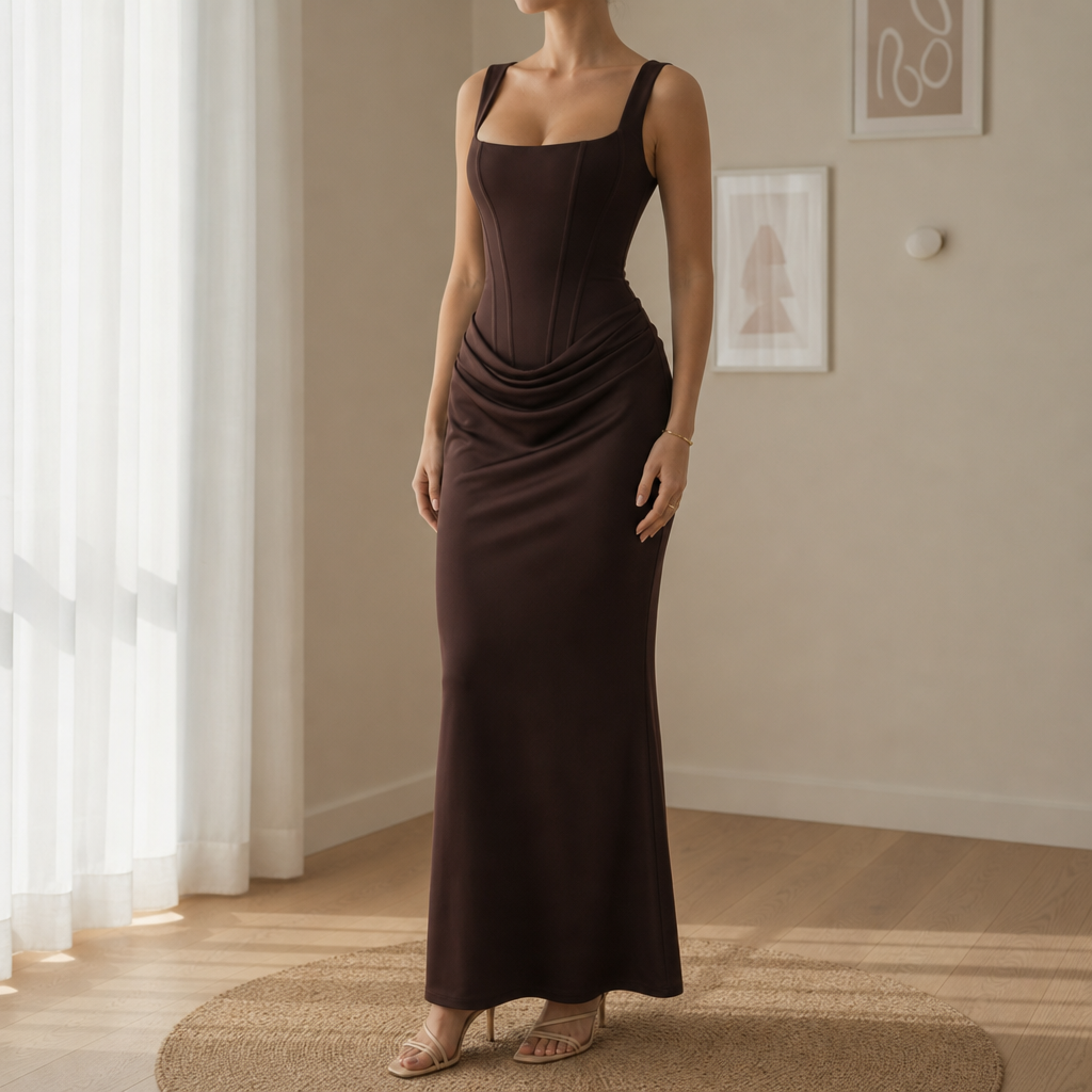 Leros Corset Ruched Maxi Dress in Mocha