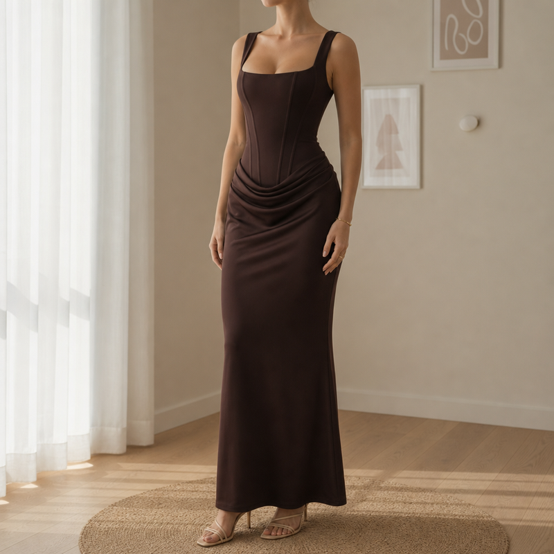 Leros Corset Ruched Maxi Dress in Mocha