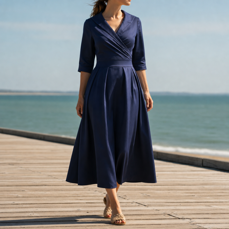 Avila Satin Wrap Midi Dress in Navy Blue