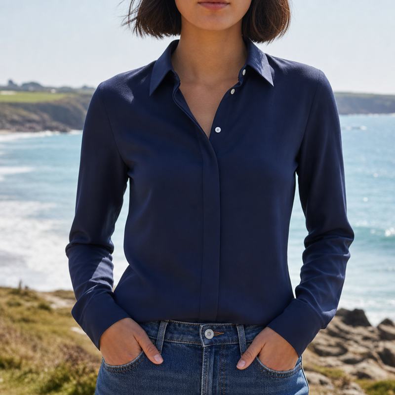 Paros Hidden Button Blouse in Navy Blue