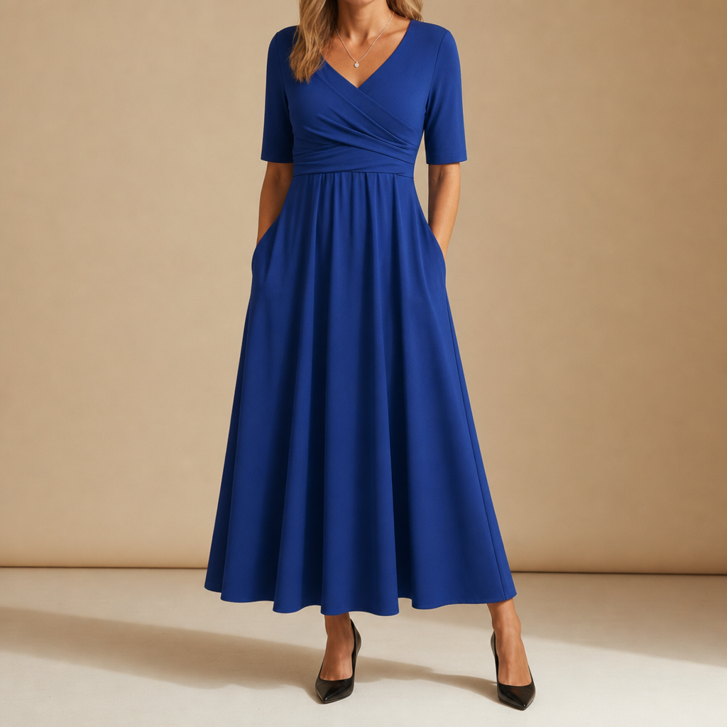 Chios Crossover Bodice Midi Dress in Navy Blue