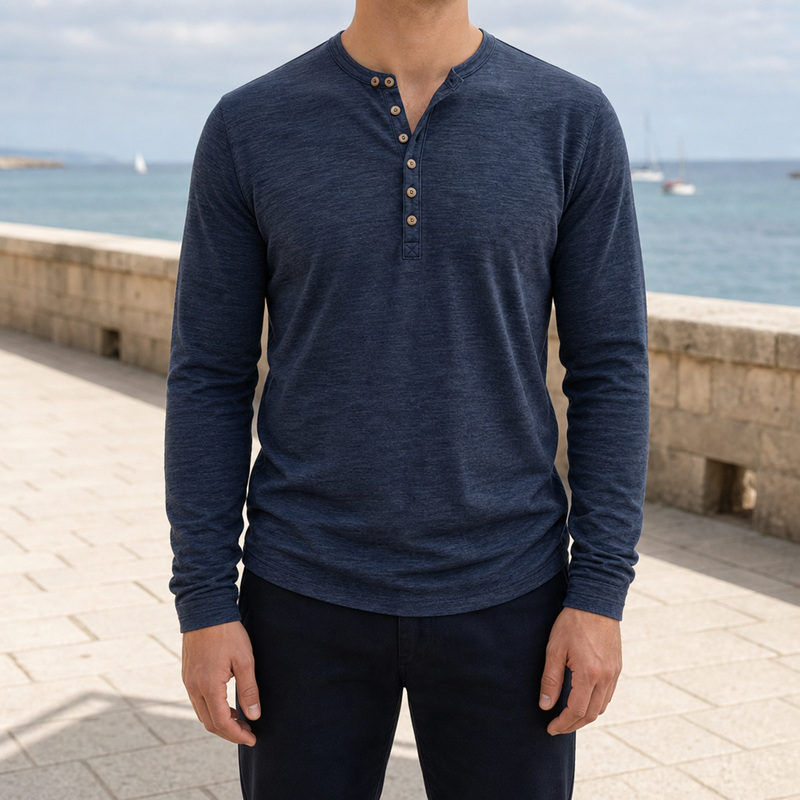 Soller Long Sleeve Henley Shirt in Navy Blue