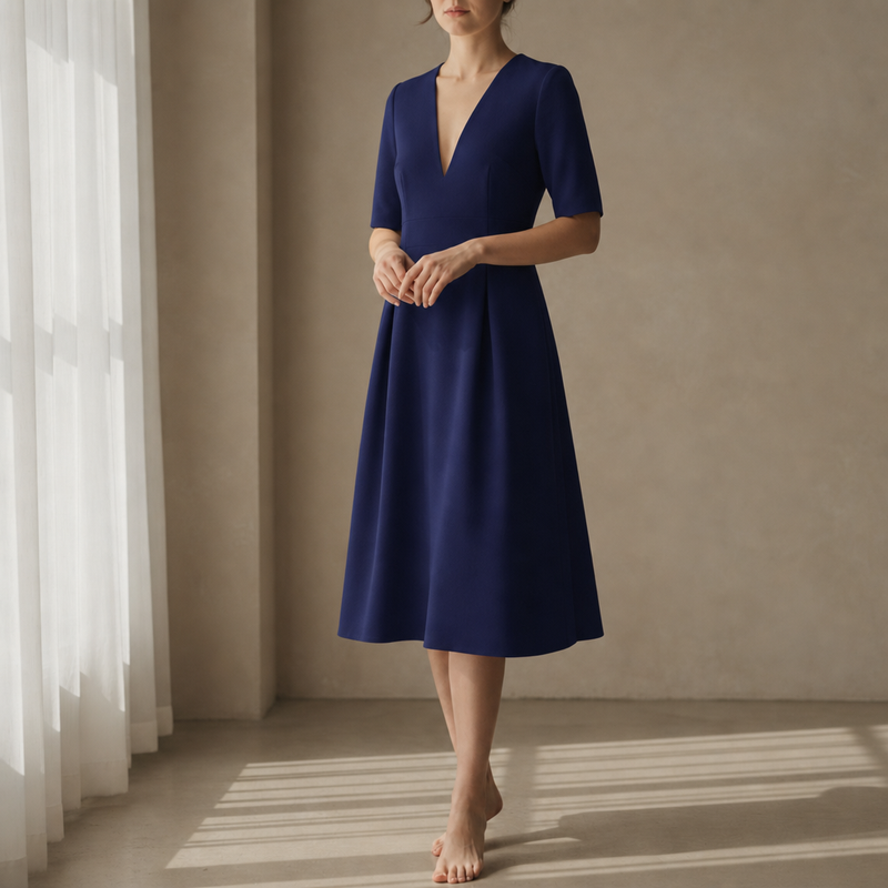 Eze Deep V-Neck Midi Dress in Navy Blue
