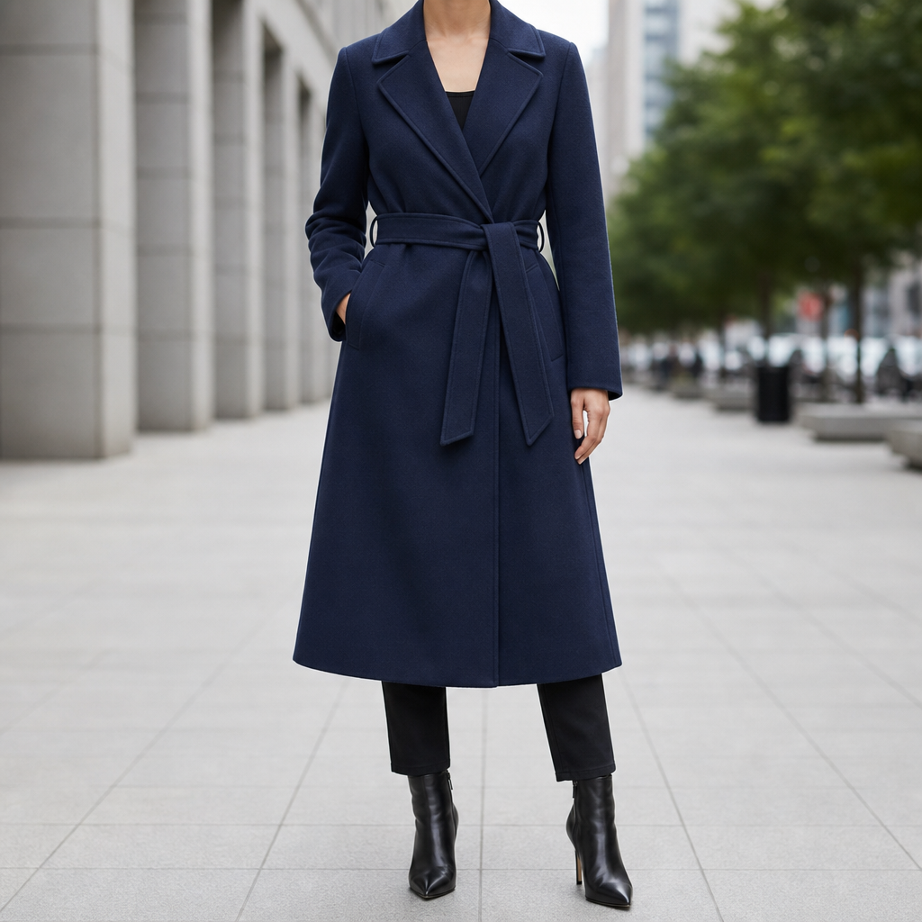 Collioure Belted Wool-Blend Overcoat in Navy Blue