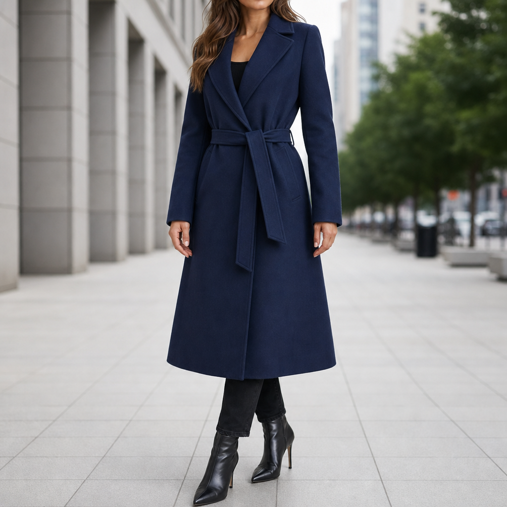 Gijon Belted Wool-Blend Overcoat in Navy Blue