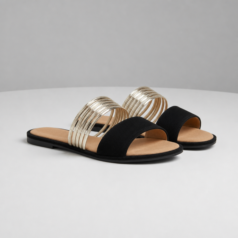 Nafplio Gold Strap Slide Sandals in Onyx Black