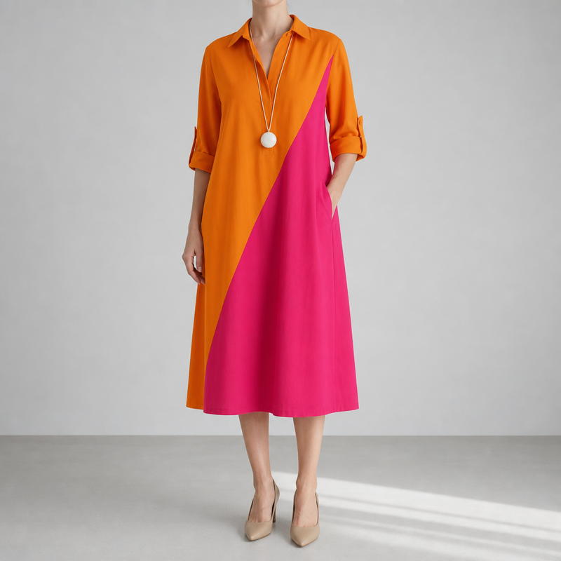 Hondarribia Colorblock Polo Midi Dress in Orange Pink