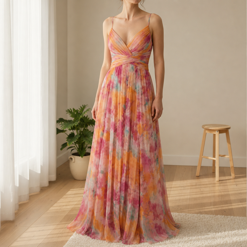 Skiathos Floral Chiffon Maxi Dress in Orange