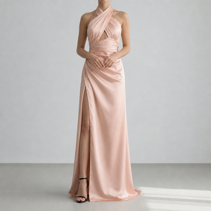 Sliema Halter Cutout Satin Gown in Pink