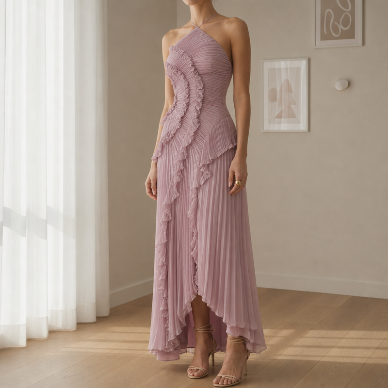 Nerja Pleated Ruffle Halter Dress in Pink