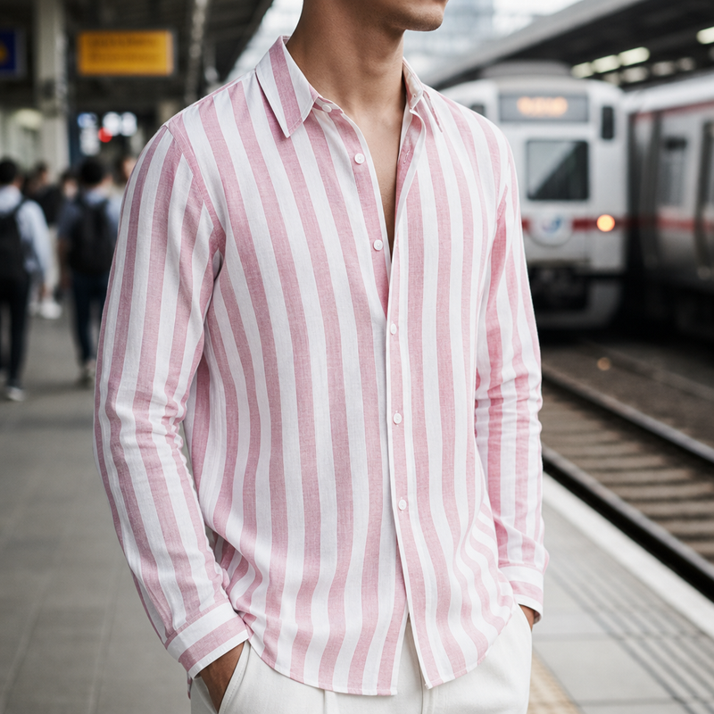 Kakopetria Striped Linen Shirt in Pink