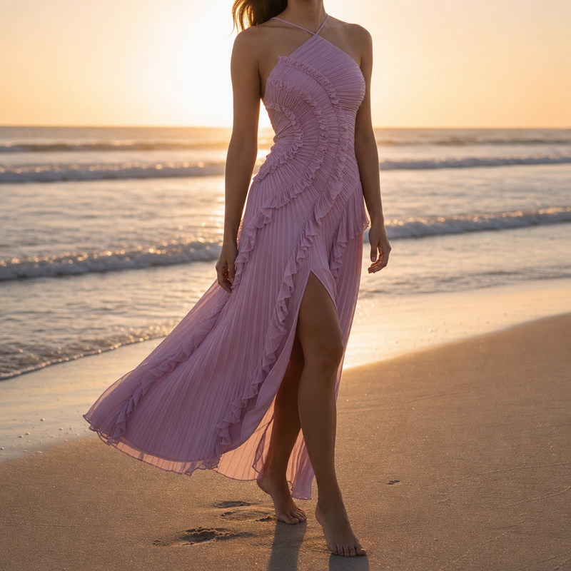 Comillas Pleated Ruffle Halter Dress in Pink