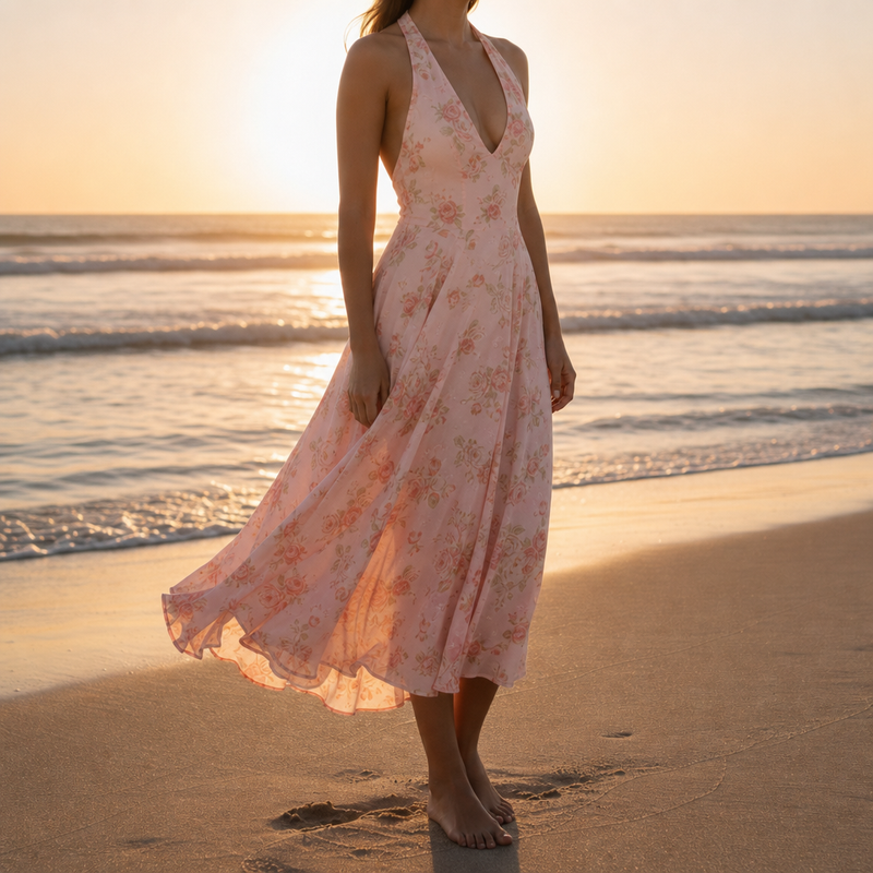 Ragusa Floral Halter Midi Dress in Pink