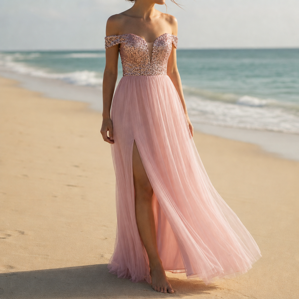 Tossa Sequin Tulle Maxi Dress in Pink