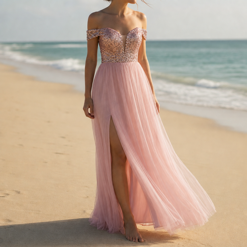 Tossa Sequin Tulle Maxi Dress in Pink
