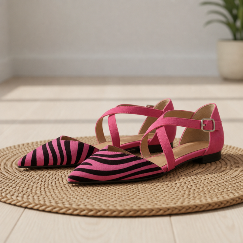 Volterra Zebra Print Cross-Strap Flats in Pink