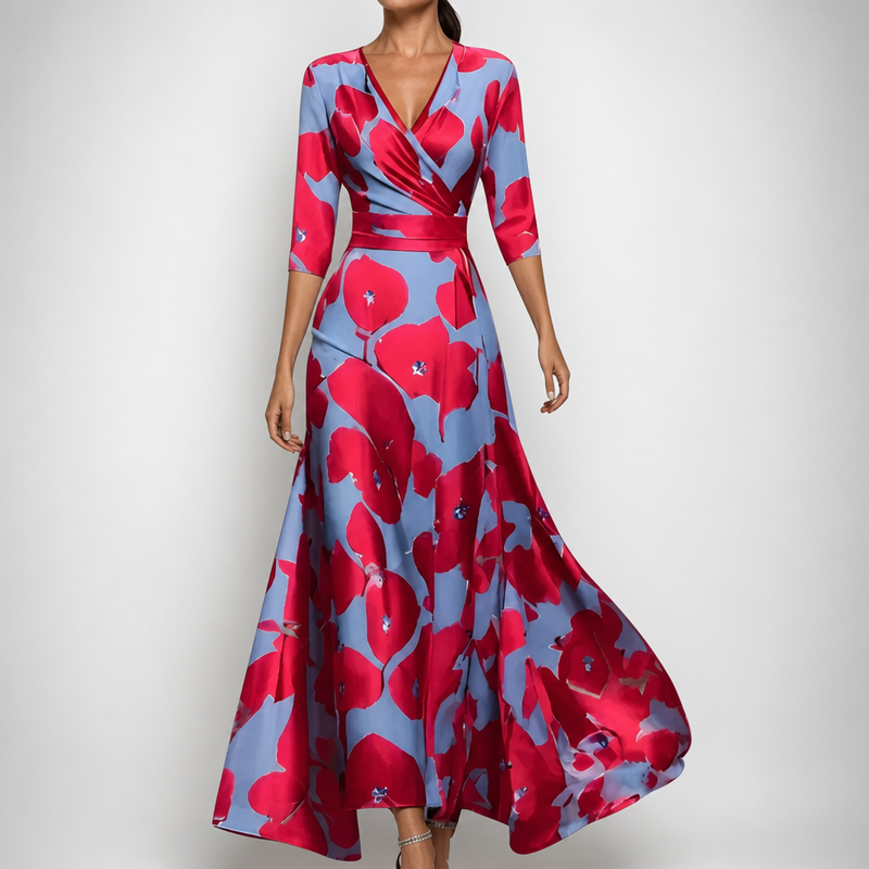 Matera Floral Wrap Maxi Dress in Red/Blue