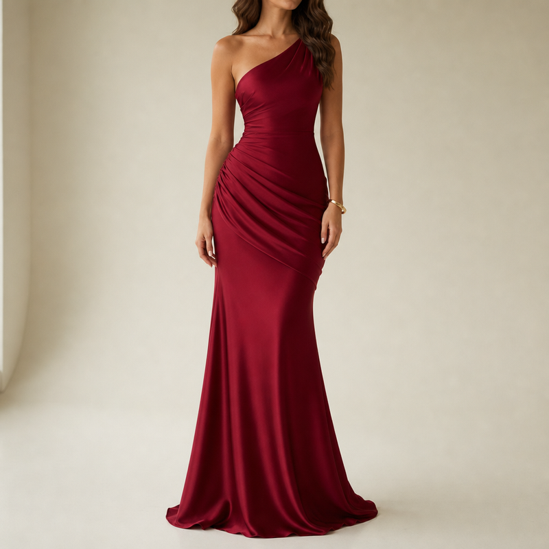 Baeza One Shoulder Satin Gown in Red