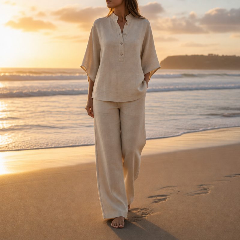 Mojacar Linen Kimono Sleeve Set in Sand
