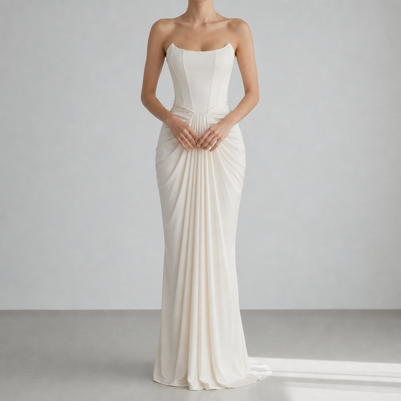 Mijas Strapless Draped Corset Gown in White