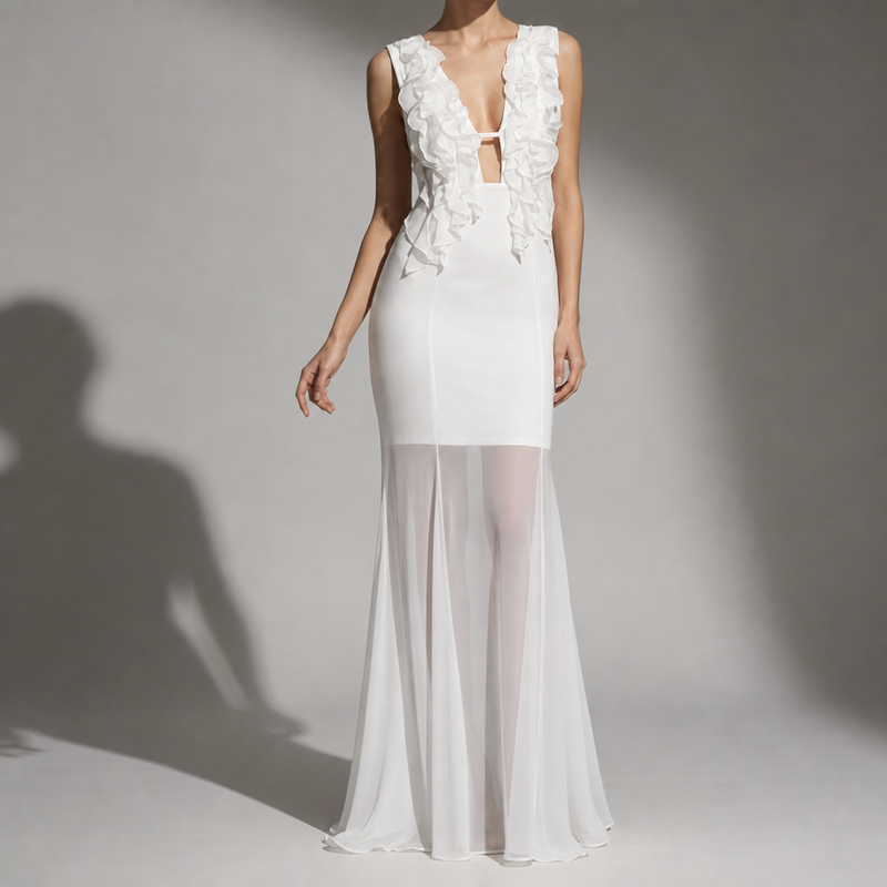 Lucca Ruffle Sheer Maxi Dress in White
