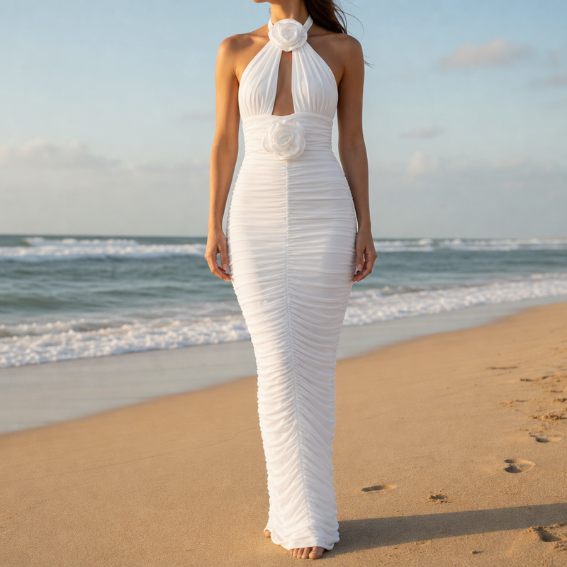 Hydra Floral Ruched Halter Maxi in White