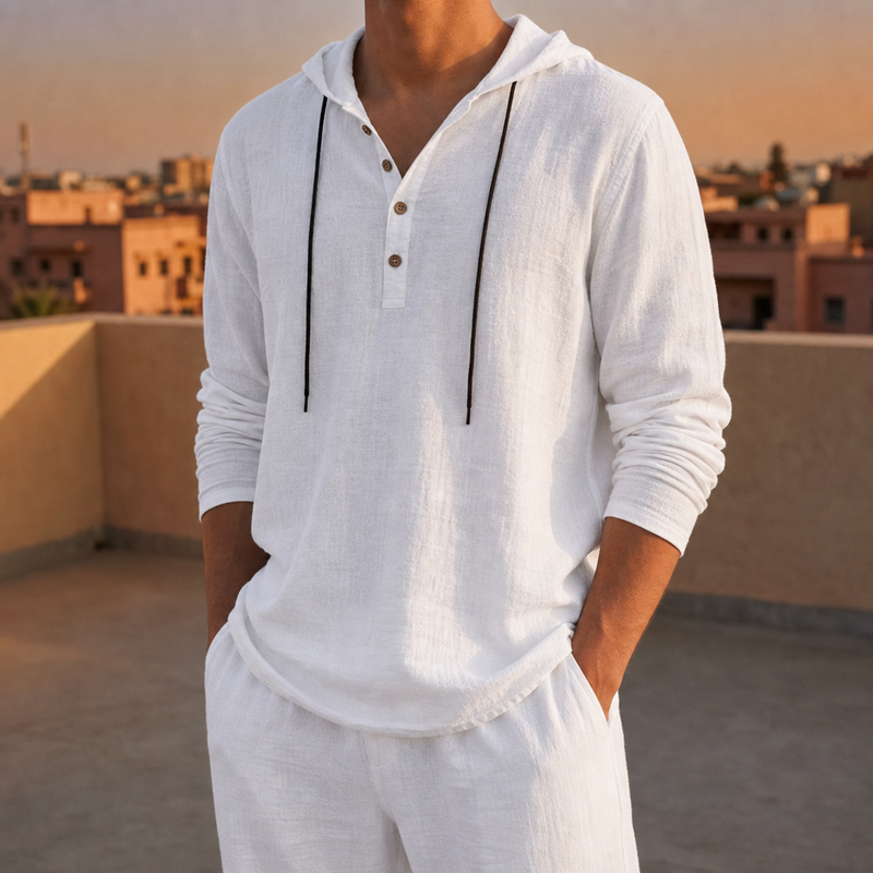 Paxos Hooded Henley Linen Set in White