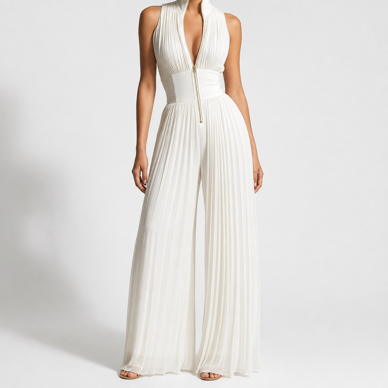 Nisyros Pleated Wide-Leg Jumpsuit in White