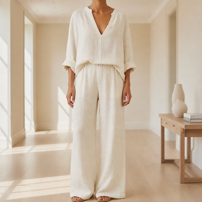 Polignano Linen Wide Leg Set in White