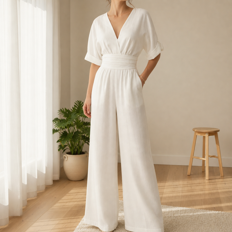 Serifos V-Neck Wide-Leg Jumpsuit in White