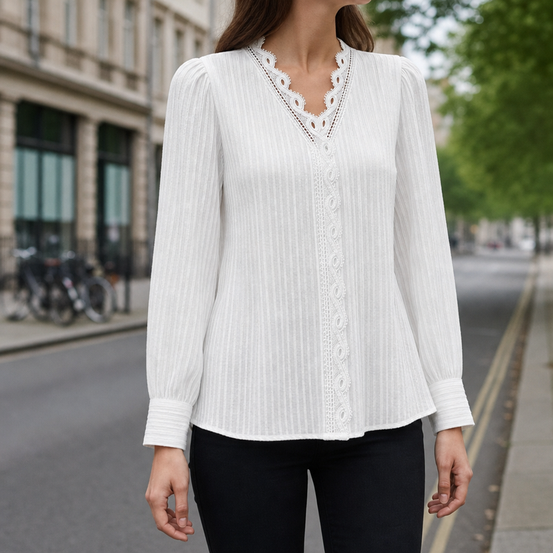 Caceres Lace Trim V-Neck Blouse in White