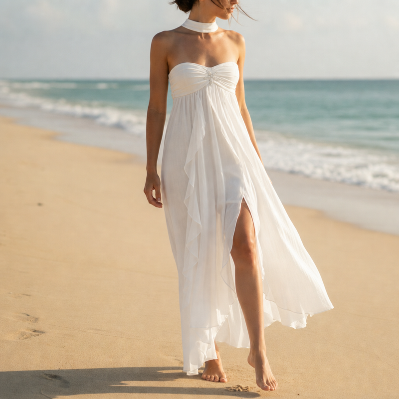 Merano Chiffon Ruffle Maxi Dress in White