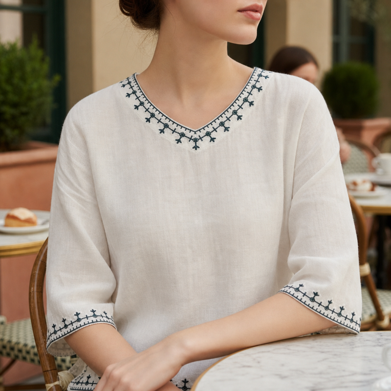 Kalymnos Embroidered Linen Blouse in White