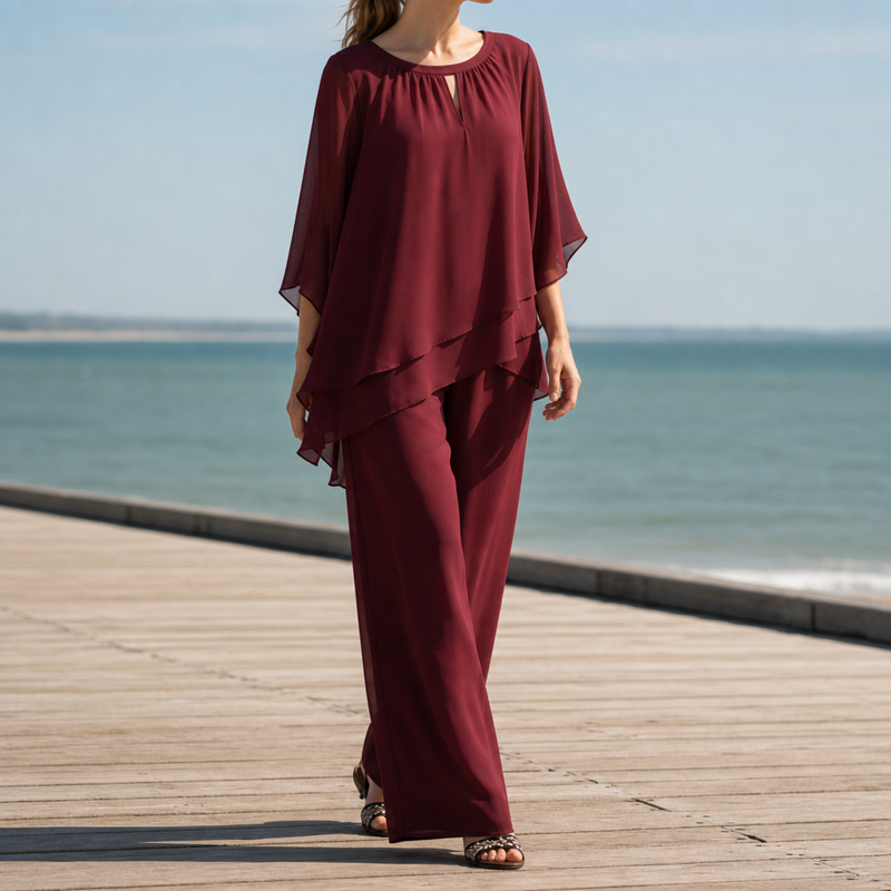 Aegina Chiffon Layered Two-Piece Set in Wine Red