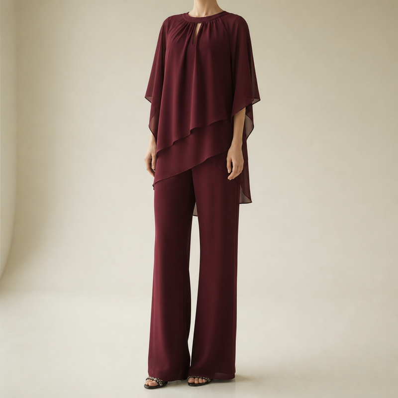 Cavtat Chiffon Layered Two-Piece Set in Wine Red