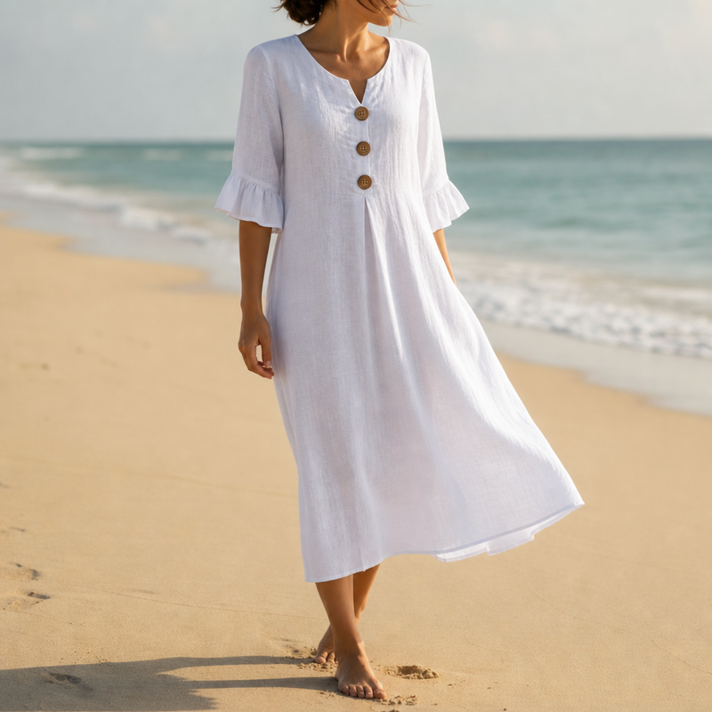 Narbonne Button Front Midi Dress in Withe