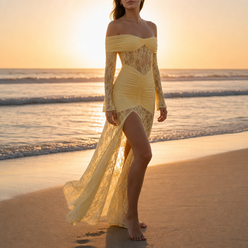 Denia Lace Off-Shoulder Maxi Dress in Yellow