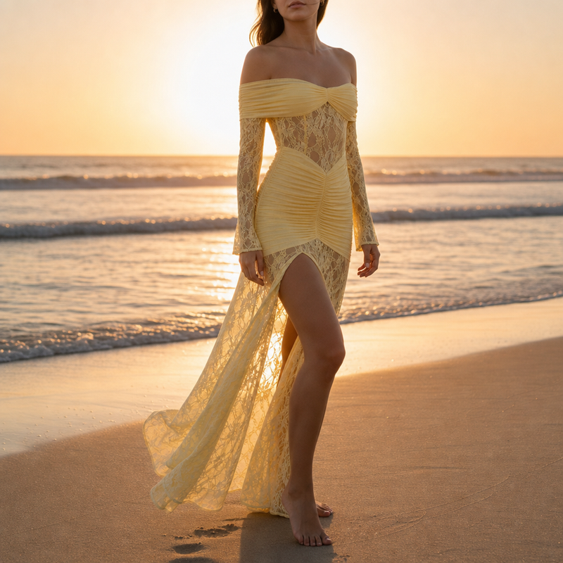 Denia Lace Off-Shoulder Maxi Dress in Yellow