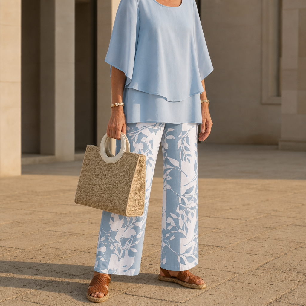 Bellagio Floral Chiffon Two-Piece Set in Light Blue