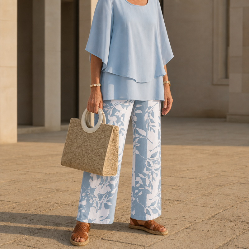Bellagio Floral Chiffon Two-Piece Set in Light Blue