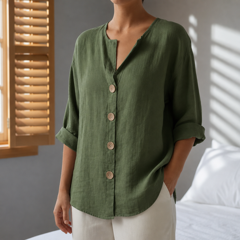 Spetses Linen Button-Up Blouse in Army Green