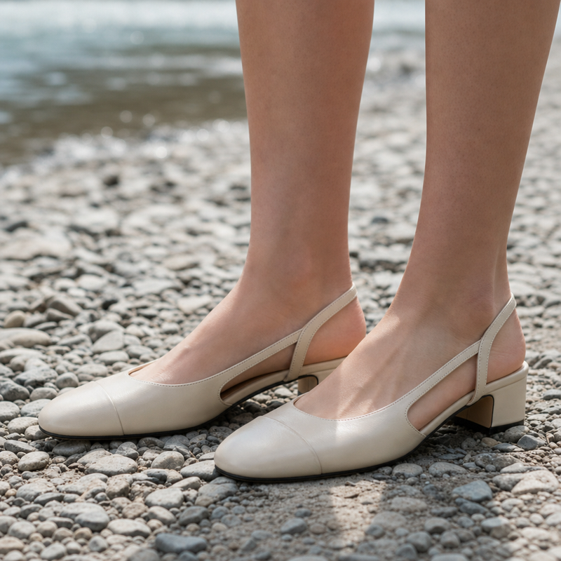 Calpe Leather Slingback Block Pumps in Beige
