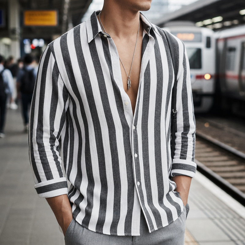 Kakopetria Striped Linen Shirt in Black