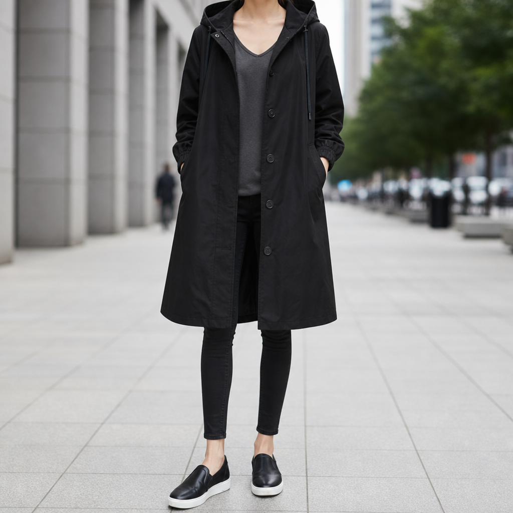 Kythnos Hooded Long Trench Coat in Black