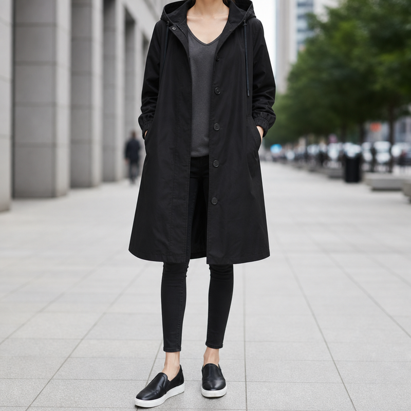 Kythnos Hooded Long Trench Coat in Black